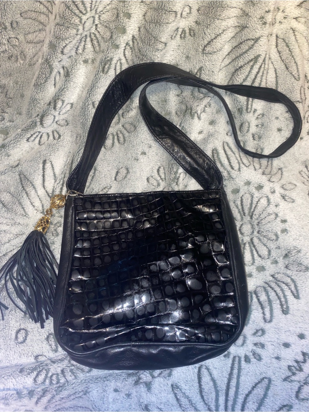 Black Leather Croc-Texture Shoulder Bag with Tassel Accent